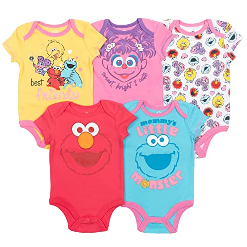 Sesame Street Elmo Cookie Monster Big Bird Newborn Baby Girls 5 Pack Cuddly Short Sleeve Bodysuits Sesame Street 3-6 Months