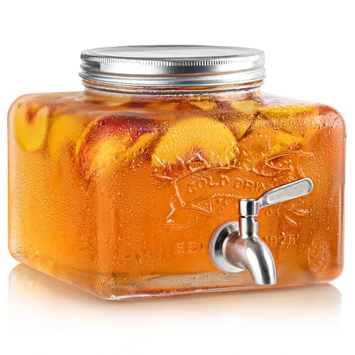 MosJos Glass Drink Dispenser for Fridge - Stainless Steel Spigot Mason Jar Dispenser with Wide Opening & Easy-Fill - Beverage Storage for Outdoor, Water, Iced Tea, Juice, Sangria & Detergent, 1 GALLON