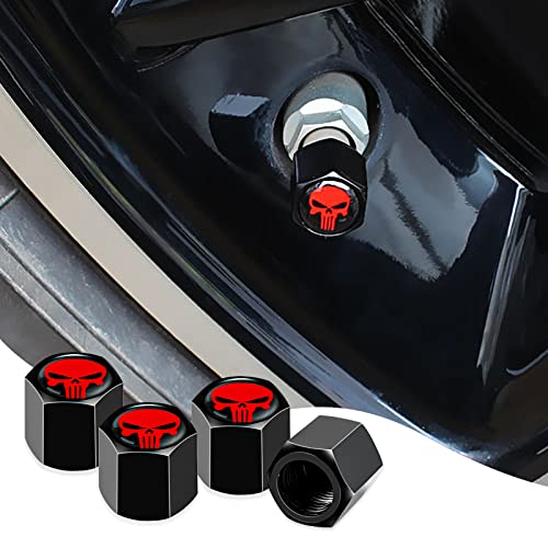 jeseny 4 Pack Long Tooth Skull Tire Valve Cover, Carbon Alloyssealing Dust Cap, Hexagonal Tire Anti-air Leakage Gas Cap Cover, Universal for Cars, SUVs, Bike, Trucks, Motorcycles Decoration (Red)