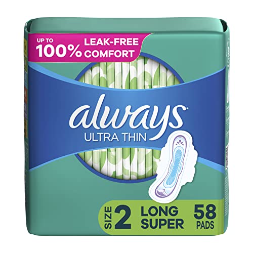 Always Ultra Thin Feminine Pads For Women, Size 2 Long Super Absorbency, With Wings, Unscented, 58 Count(Pack of 1)