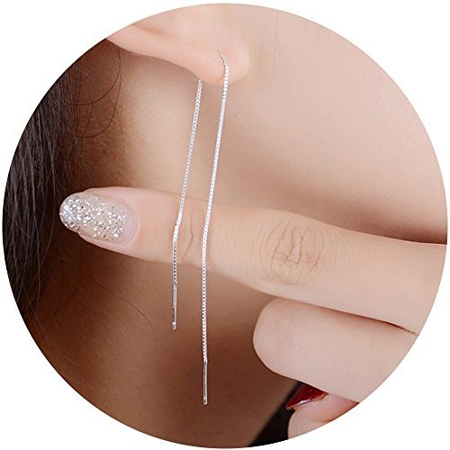 A Pair 925 Sterling Silver Tassel Threader Drop Earrings Long Chain Ear Line (silvery)