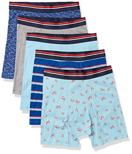 Amazon Essentials Men's Tag-Free Boxer Briefs, Pack of 5, Crab/Shark/Stripe, Medium