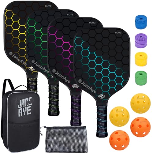 Pickleball Paddles incl 4 Fiberglass Pickleball Rackets, 4 Balls, 1 Paddle Bag, 4 Grip Tapes, JoncAye Pickleball Set for Outdoor and Indoor, Pickleball-Paddle-Set of 4 with Accessories