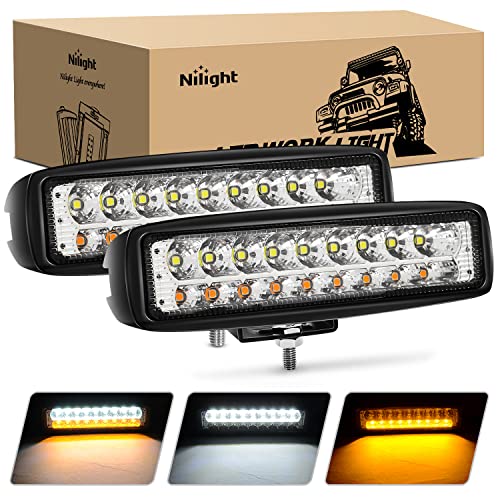 Nilight 15020F-B 2PCS 54W White/Amber Lights Bar 6 Inch Flood Fog Road Boat Driving Led Work SUV Jeep Lamp, 2 Years Warranty
