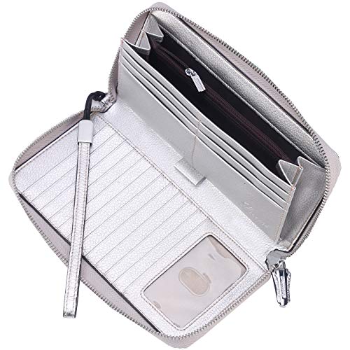 Lavemi Women's RFID Blocking 100% Leather Large Capacity Zip Around Wallet Phone Holder Clutch Travel Purse Wristlet(Large Size Pebbled Silver)