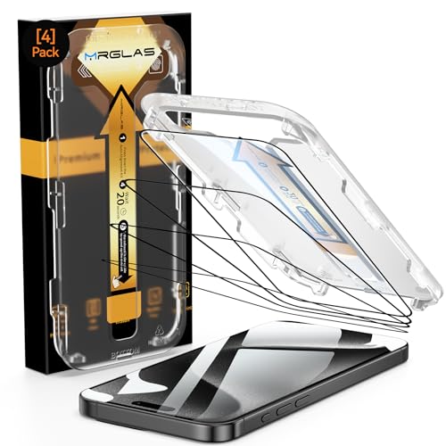 MRGLAS 4-Pack for iPhone 15 Pro Max Screen Protector [Auto-Alignment Kit][10X Military Grade Protection][HD Clear] 9H Shatterproof Tempered Glass Compatible 15 Pro Max 6.7' Case-Friendly, Bubbles-Free