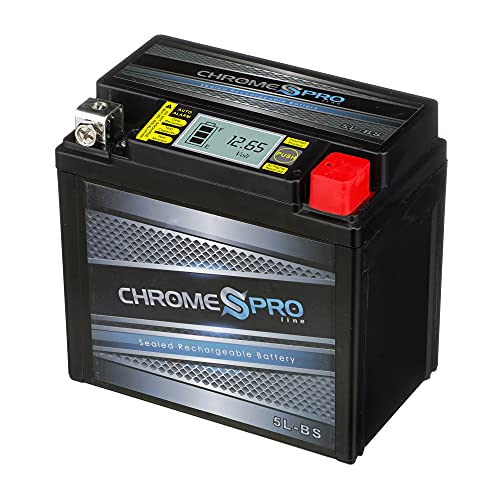 Chrome Pro YTX5L-BS iGel Maintenance Free Replacement Battery with Digital Display for ATV, Motorcycle, and Scooter: 12 Volts, 5 Amps, 4Ah, Nut and Bolt (T3) Terminal