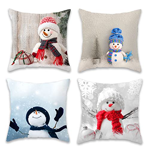 SOTYSO Christmas Snowman Winter Throw Pillow Covers 18x18 Set of 4 Snowman Home Decorative Pillow Covers Polyester Square Pillow Case for Living Room Bed Sofa and Car Cushion Cover