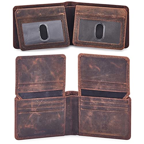 Men's Bifold Wallet Real Leather RFID Blocking High Capacity with 2 ID Window in Gift Box (Crazy Horse, Cognac)