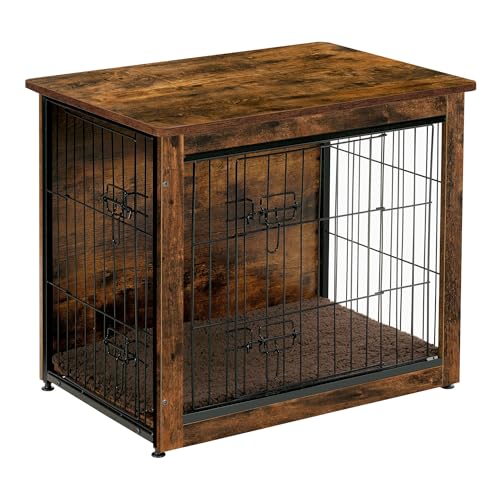 DWANTON Dog Crate Furniture with Cushion, Wooden Crate Table, Double-Doors Furniture, Kennel Indoor for Small/Medium/Large Dog, Dog House/Cage, 27.2' L, Rustic Brown