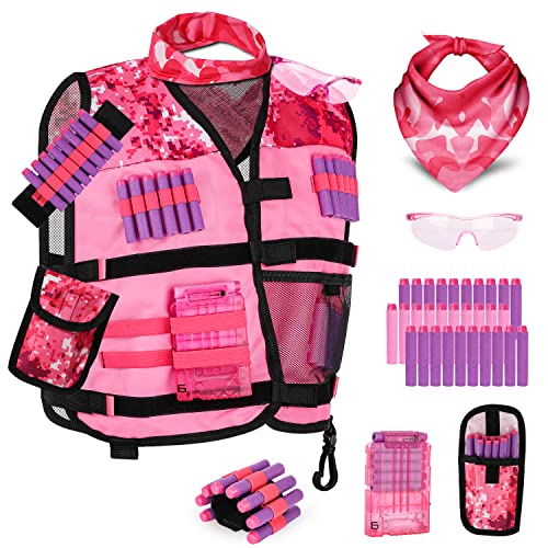 Lehoo Castle Kids Tactical Vest Kit Girls for Nerf Guns N-Strike Elite Series for Boys, with 30 Refill Darts, Dart Pouch, Tactical Mask, Protective Glasses (Pink)