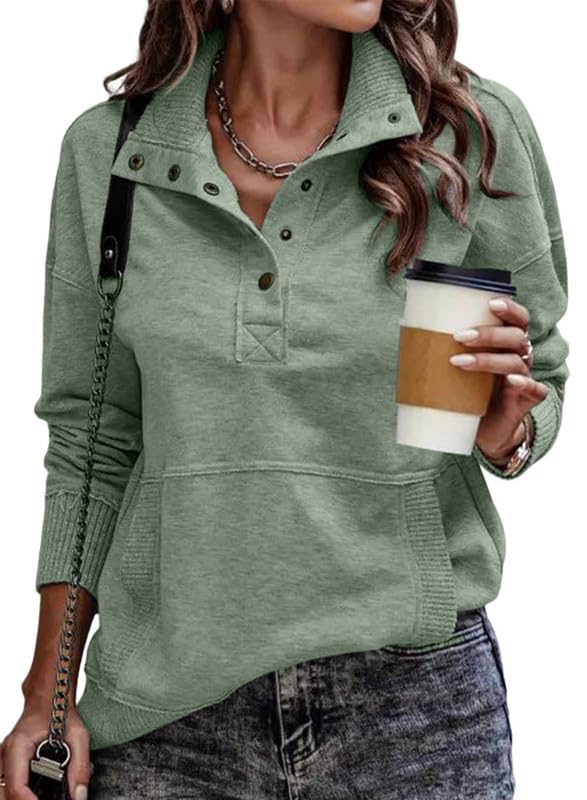 SHEWIN Womens Sweatshirt Casual Long Sleeve Lightweight Oversized Sweatshirts Loose Button Pullover Tops Fall Outfits for Women 2024,US 16-18(XL),Green