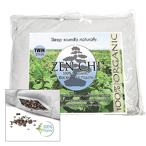 ZEN CHI Buckwheat Pillow - Organic Twin Size (20'X26') w Natural Cooling Technology- All Cotton Cover - Keep Cool Effect Comfortable Sleep, Adjusts to Contours of Neck & Head