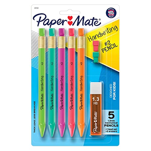 Paper Mate Handwriting Triangular Mechanical Pencil Set with Lead & Eraser Refills, 1.3mm, School Supplies, Office Supplies, Sketching Pencils, Drafting Pencil, Fun Barrel Colors, 8 Count