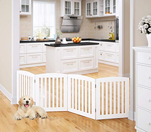 PAWLAND Wooden Freestanding Foldable Pet Gate for Dogs, 24 inch 4 Panels Step Over Fence, Dog Gate for The House, Doorway, Stairs, Extra Wide (White, 24' Height-4 Panels)