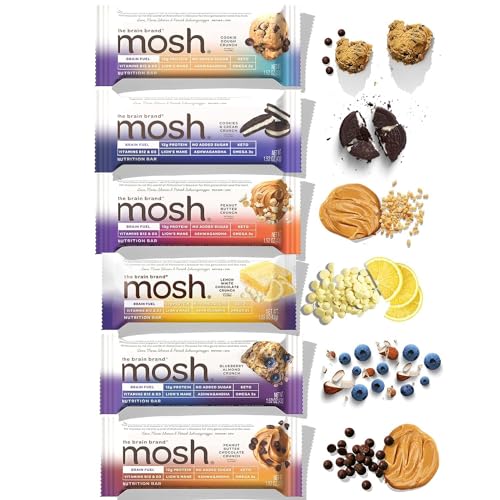 MOSH Variety Pack Protein Bars, 6pk, Keto Snack, Gluten-Free, No Added Sugar, 12g Whey Protein, Lion's Mane, B12 Vitamins, Supports Brain Health, Breakfast To-Go (Flavors may vary)
