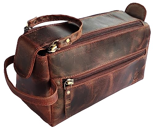 RUSTIC TOWN Leather Toiletry Bag for Men - Hygiene Organizer Travel Dopp Kit (Walnut Brown)