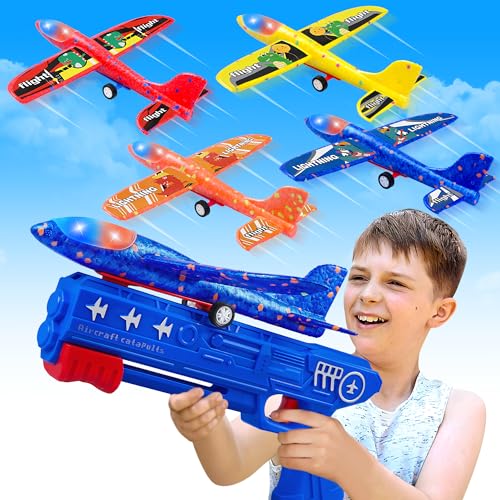 LJZJ 4 Pack Airplane Launcher Toys, 2 Flight Modes LED Foam Glider Catapult Plane, Outdoor Flying Toy for Kids, Birthday Gifts for Boy Girl 4 5 6 7 8 9 10 11 12 Year Old, B-Day Party Supplies