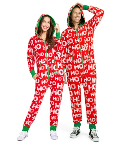 Tipsy Elves Men's Cozy Christmas Onesie Pajamas - Red HoHoHo Holiday Spirit Adult Cozy Jumpsuit: Large