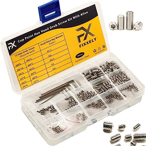 FIXXELY Cup Point Grub Set Screws 240 (M3,M4,M5,M6,M8) - Hex & Flat Head - 5 Allen Keys (M1.5,M2,M2.5,M3,M4) - 304 Stainless Steel Set Screw Assortment Kit Sizes - Ideal for Home Repairs & Fixtures