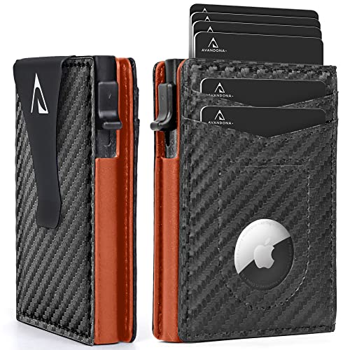 Avandona Airtag Wallet For Men, Slim Smart Minimalist Credit Card Holder With Money Clip, RFID Blocking, Popup Feature, ID Window, Fits In Front Pocket. (Carbon Black - Orange)
