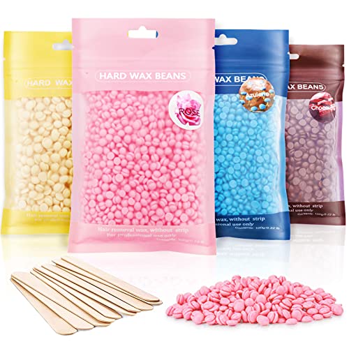 Wax Beads, Hard Wax Beans 400g Wax Beads for Hair Removal with 10 Pcs Wood Sticks for Full Body Brazilian Bikini Face Legs Eyebrow Painless at Home for Woman Men