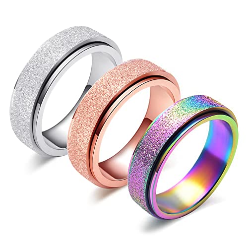 LAOYOU Spinner Ring for Women Anxiety Relief - 6MM Stainless Steel Glitter Rose Gold Silver Rainbow 3pcs Fidget Rings Band Pack Mother's Day Birthday Gifts for Mom Daughter Girlfriend Girls Size 6