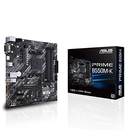 ASUS Prime B550M-K AMD AM4 Zen 3 Ryzen 5000 & 3rd Gen Ryzen Micro-ATX Motherboard (PCIe 4.0, ECC Memory, 1Gb LAN, Dual M.2, USB 3.2 Gen 2 Type-A,HDMI 2.1 4K@60Hz, DVI, D-Sub) Silver