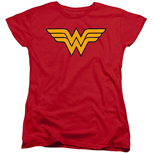 Popfunk Classic Wonder Woman Logo Womens Premium Cotton Short Sleeve Graphic T-Shirt & Stickers (Large) Red