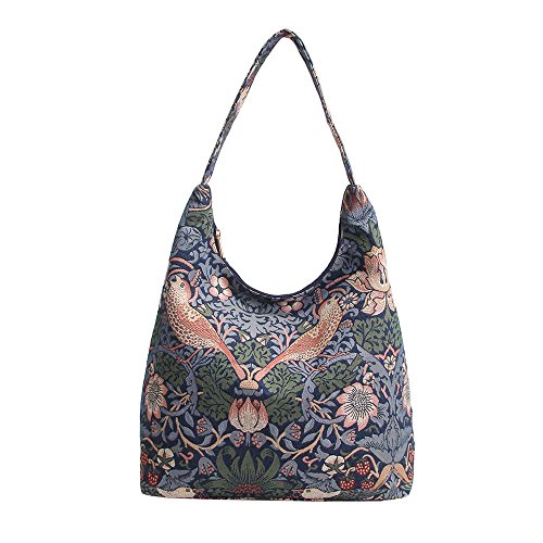 Signare Tapestry Hobo Shoulder bag Slouch Purse For Women with Blue Floral William Morris Strawberry Thief Design (HOBO-STBL)