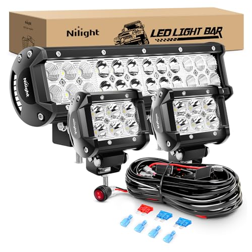 Nilight ZH016 12 Inch 72W Spot Combo Bar 2PCS 4 Inch 18W Flood LED Fog Lights with Off Road Wiring Harness- 2 Leads, 2 Years Warranty , White
