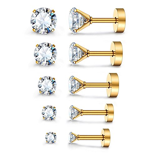JewelrieShop Cartilage Tragus Earring Stainless Steel Stud Piercing Earring Flat Back Earrings Stud Flatback Screw Back Earrings for Women Girl Men (16G, 6mm Bar Length, 3mm-7mm CZ, 5 Pairs)