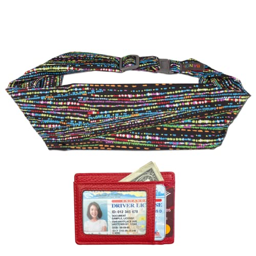 BANDI Pocketed Belt with Slim RFID-Blocking Wallet - Holds Phone for Running, Travel, Medical, Adjustable Fit, Comfortable - Confetti/Cherry