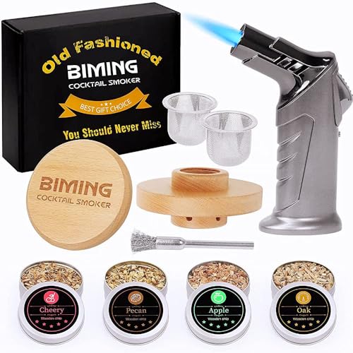 Cocktail Smoker Kit with Torch - Drink Whiskey Bourbon Smoker Infuser Kit with 4 Flavors Wood Chips, Old Fashioned Smoker Kit for Meat Cheese Salad-Gifts for Whiskey Lovers/Father/Men