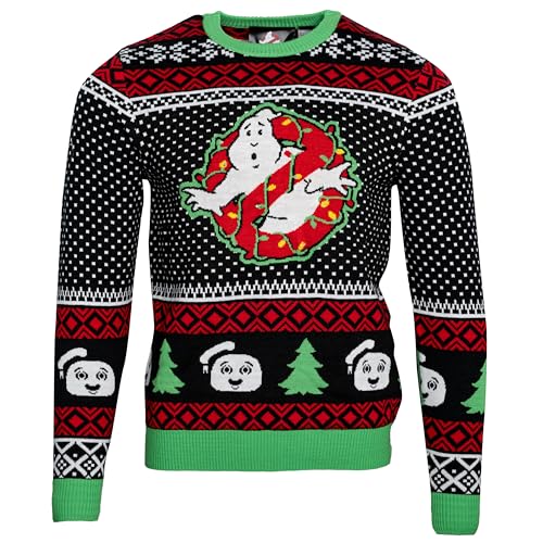 Ghostbusters Logo Marhsmellow Man and Trees Light Up Ugly Christmas Sweater Multicolored