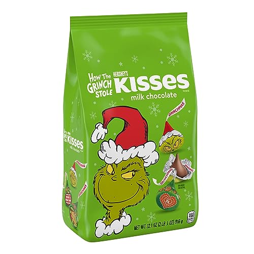 HERSHEY'S KISSES Grinch Milk Chocolate, Christmas Candy Bag, 32.1 oz
