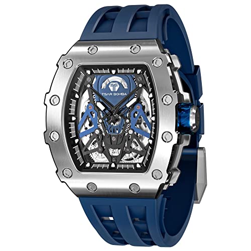TSAR BOMBA Automatic Watch for Men, 50M Waterproof Tonneau Mens Watches, Luxury Mechanical Skeleton Analog Watches, Silicone Watch Bands Black Watch, Christmas Gifts for Men