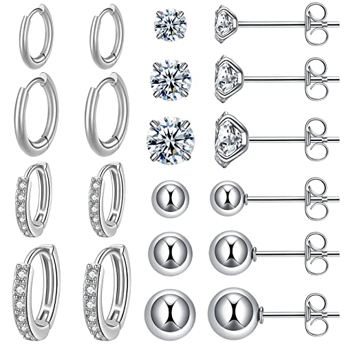 KANOUE 10 Pairs Silver Surgical Steel Earrings Sets for Multiple Piercing Lightweight Small Huggie Hoop Earrings CZ Stud Earrings for Women Trendy Cartilage Hypoallergenic