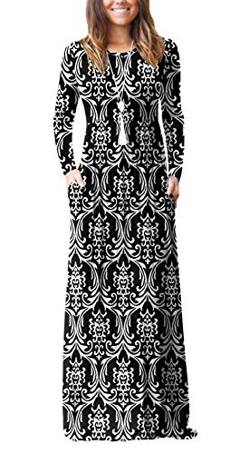 VIISHOW Women's Long Sleeve Floral Dress Loose Plain Maxi Dresses Casual Long Dresses with Pockets(Flower Black and White,X-Large)