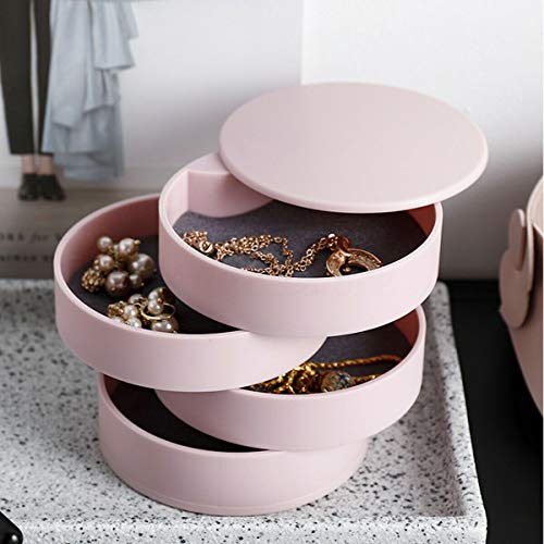 HHmei Jewelry Storage Box 4-Layer Rotatable Jewelry Accessory Storage Tray with Lid (Pink)