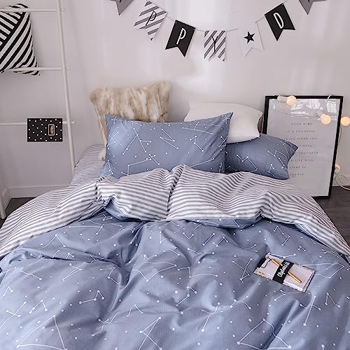 VClife Constellation Duvet Cover Queen Soft Cotton Bedding Sets Reversible White Blue Galaxy Planet Quilt Cover 3 Pieces Striped Duvet Cover Sets, 1 Queen Duvet Cover with Zipper & 2 Pillow Cases