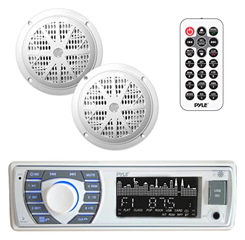 Pyle Marine Receiver & Speaker Kit - In-Dash LCD Digital Stereo Built-in Bluetooth & Microphone w/ AM FM Radio System 5.25’’ Waterproof Speakers (2) MP3/USB/SD Readers & Remote Control - PLMRKT36WT