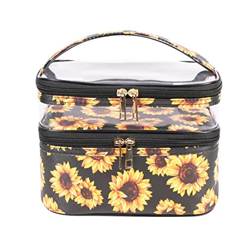 FITINI Makeup Bags Sunflowers Double Layer Travel Storage Large Cosmetic Cases Make up Organizer Toiletry Bags Water-resistant for Women Makeup Brush Bag