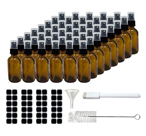 Nevlers 48 Pack Amber 2 Oz Spray Glass Bottle | The Amber Misting Glass Bottles Includes Sprayers & a Funnel and Brush with Bonus Labels to Easily Identify its Contents