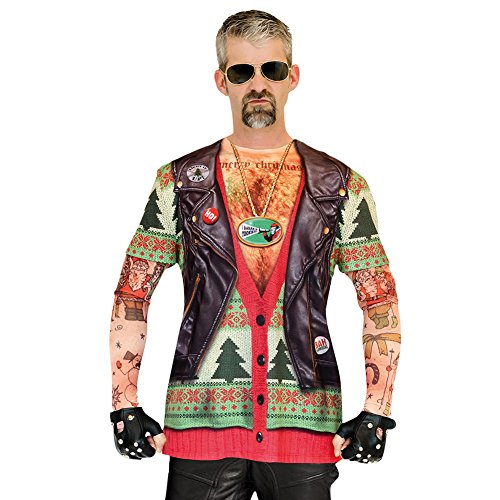 Faux Real Men's 3D Photo-Realistic Ugly Christmas Sweater Long Sleeve T-Shirt, Biker Xmas Tattoo, Medium