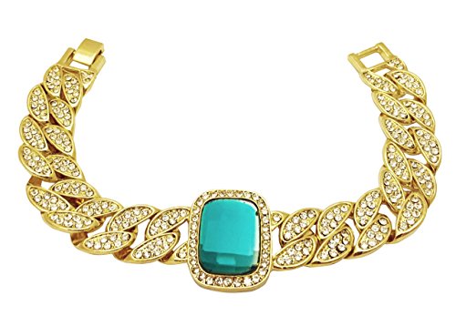 Big Dawgs Bling Mens Hip Hop Iced CZ 14K Gold Plated 16mm Cuban Link Bracelet 8.5' (Emerald Green)