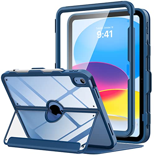 MoKo for iPad 10th Generation Case with Pencil Holder, iPad Case 10th Generation 2022 10.9', Built-in Screen Protector Clear Back, Stain Resistant Multi Angle Viewing Stand, Auto Wake/Sleep, Navy Blue