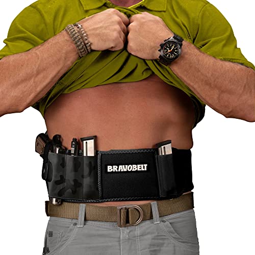 BRAVOBELT Belly Band Holster for Concealed Carry - Athletic Flex FIT for Running, Jogging, Hiking - Glock 17-43 Ruger S&W M&P 40 Shield | for Men & Women (Camo, Standard - Up to 44' Belly)