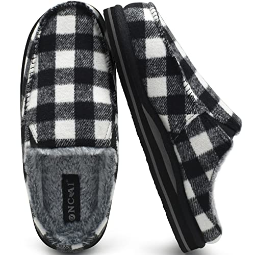 ONCAI Mens Slippers, Warm Cozy Faux Fur Clogs with Arch Support Cotton-Blend High-Density Memory Foam Plantar Fasciitis House Slippers Indoor Outdoor Rubber hard Sole Plaid Black/White Size 11