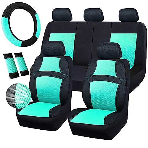 CAR PASS Universal 13PCS 3D Air Mesh-100% Breathable Seat Covers Full Sets#Steering Wheel&Belt Cover #Airbag and Rear Split Bench Compatible#for 90% Automotive SUV Truck Cute Women Black Mint